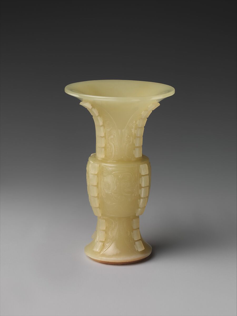 Miniature vase in the shape of an ancient ritual vessel (gu), Jade (nephrite), China