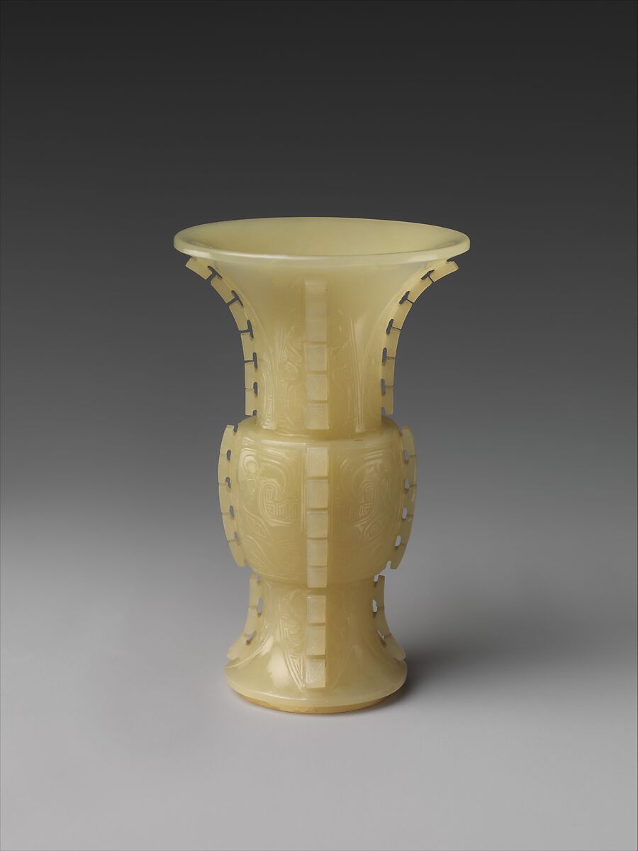 Miniature vase in the shape of an ancient ritual vessel (gu), Jade (nephrite), China