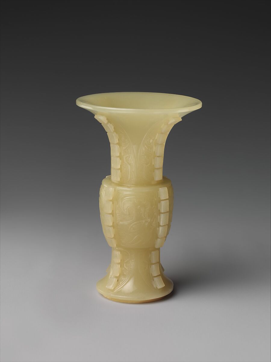 Miniature vase in the shape of an ancient ritual vessel (gu), Jade (nephrite), China 