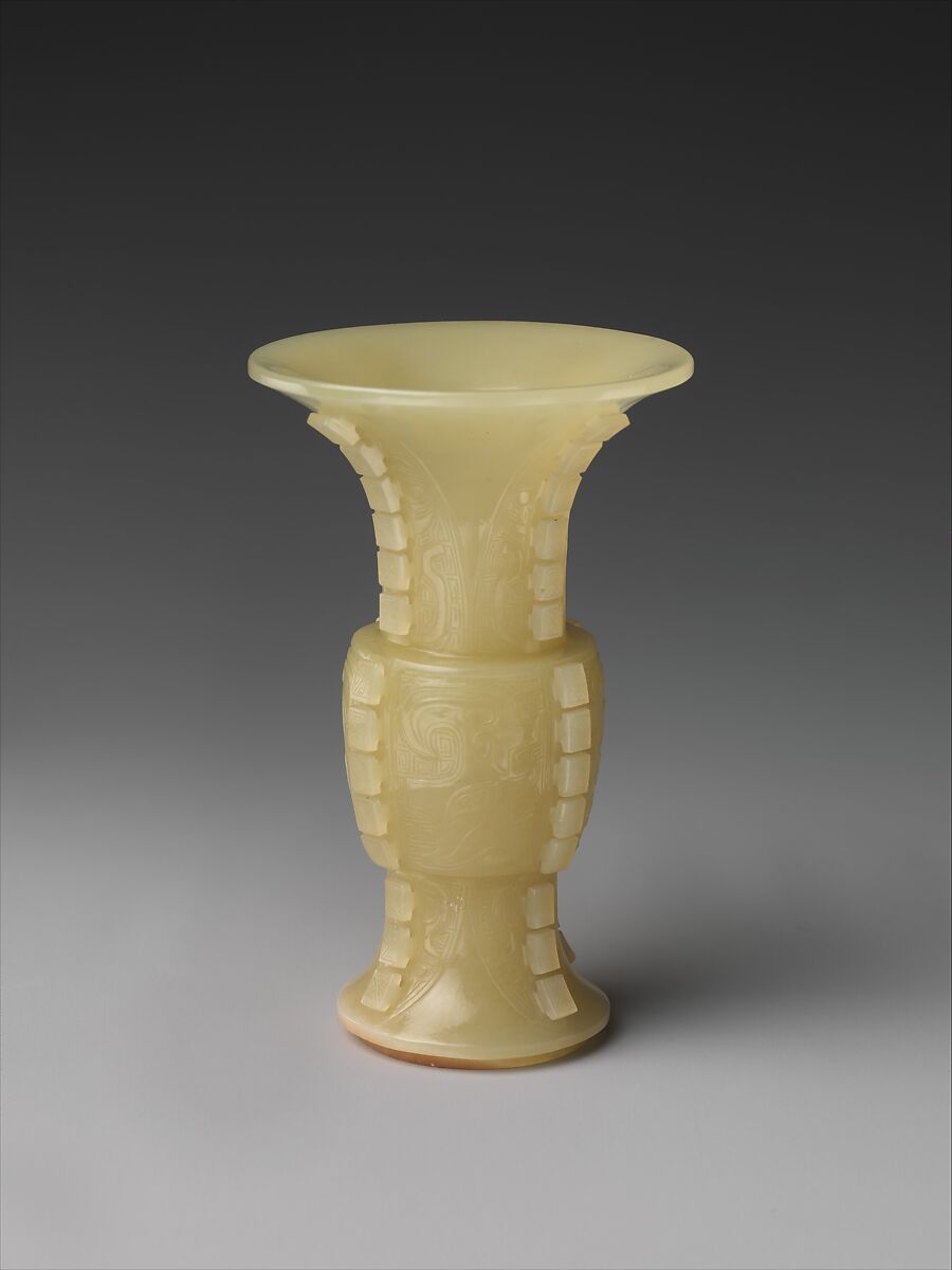 Miniature vase in the shape of an ancient ritual vessel (gu), Jade (nephrite), China