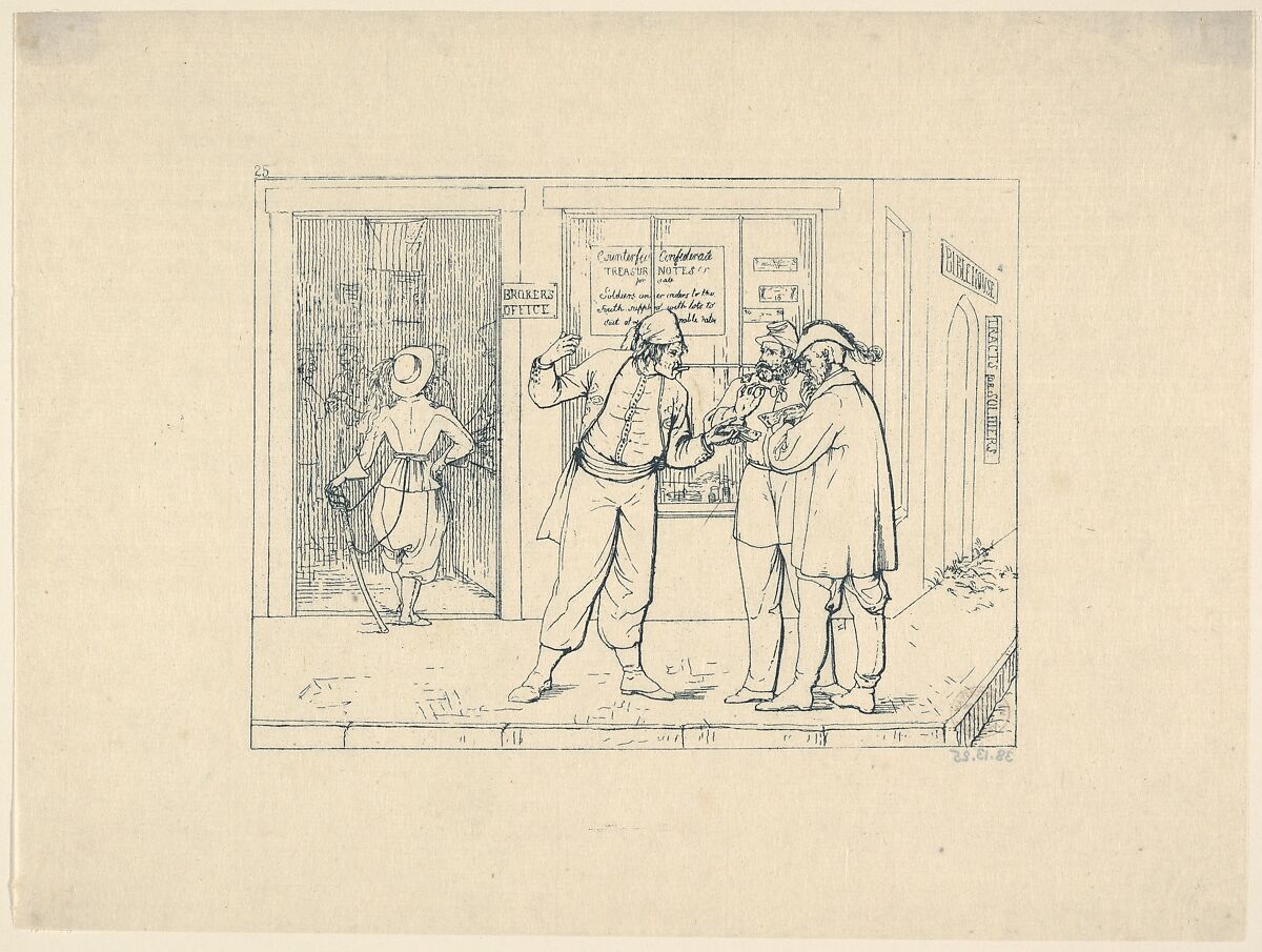 Counterfeit Confederate Notes Publicly Offered for Sale in the "City of Brotherly Love" (from Confederate War Etchings), Adalbert John Volck (American (born Germany), Augsburg 1828–1912 Baltimore, Maryland), Etching 