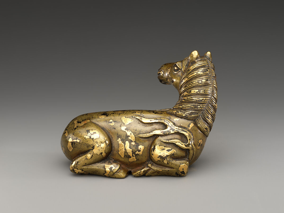 Paperweight in the shape of a horse, Copper alloy, splash gilding, China