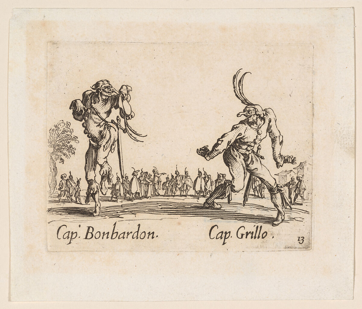 Capitano Bonbardon and Capitano Grillo, plate 13 from "Balli di Sfessania" (Dance of Sfessania), Jacques Callot (French, Nancy 1592–1635 Nancy), Etching; second state of two (Lieure) 