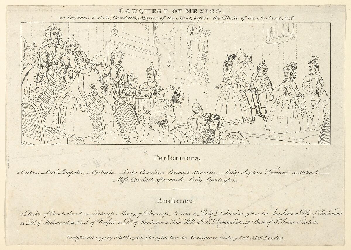 Key with List of Performers to: The Indian Emperor, or, The Conquest of Mexico, Act 4, scene 4, After William Hogarth (British, London 1697–1764 London), Etching and engraving 