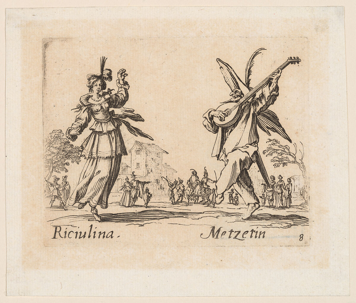 Riciulina and Metzetin, plate 8 from "Balli di Sfessania" (Dance of Sfessania), Jacques Callot (French, Nancy 1592–1635 Nancy), Etching; second state of two (Lieure) 