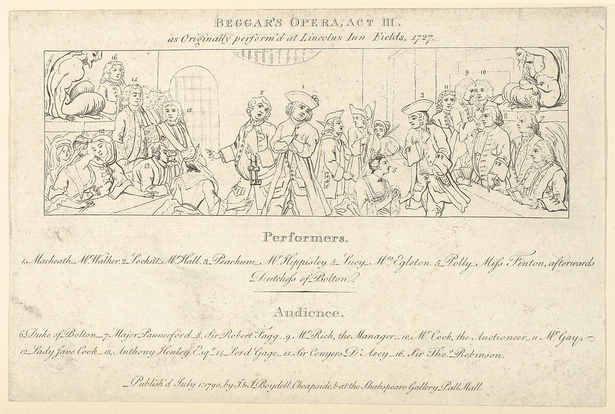 Key with List of Performers and Audience to: The Beggars Opera, After William Hogarth (British, London 1697–1764 London), Etching and engraving 