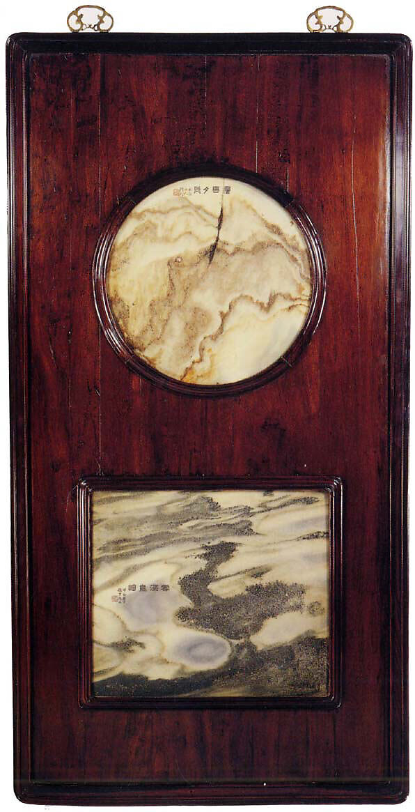 Wall panel with stone paintings, Hardwood with veined marble and brass fittings, China