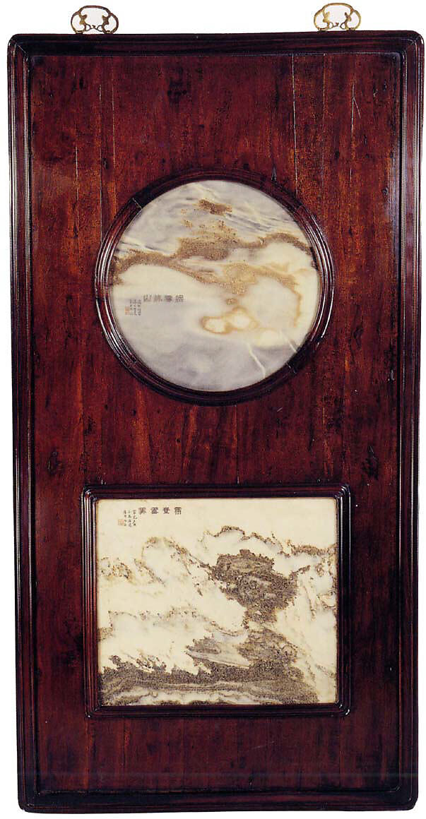 Wall panel with stone paintings, Hardwood with veined marble and brass fittings, China