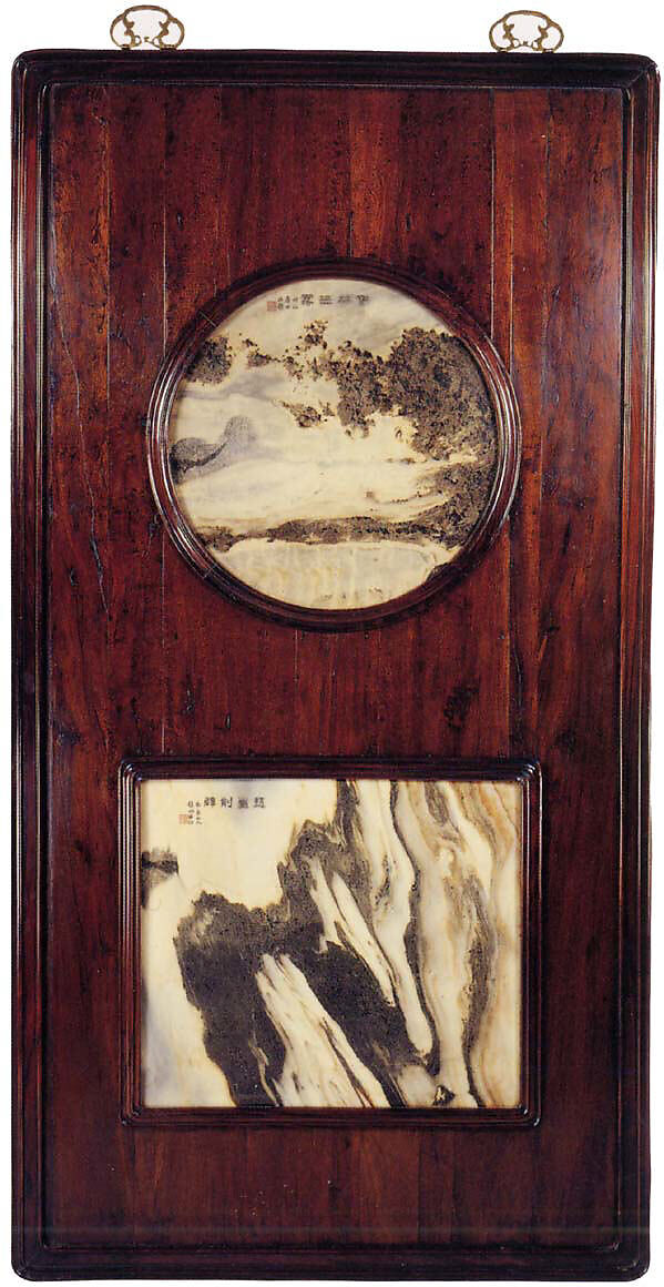 Wall panel with stone paintings, Hardwood with veined marble and brass fittings, China