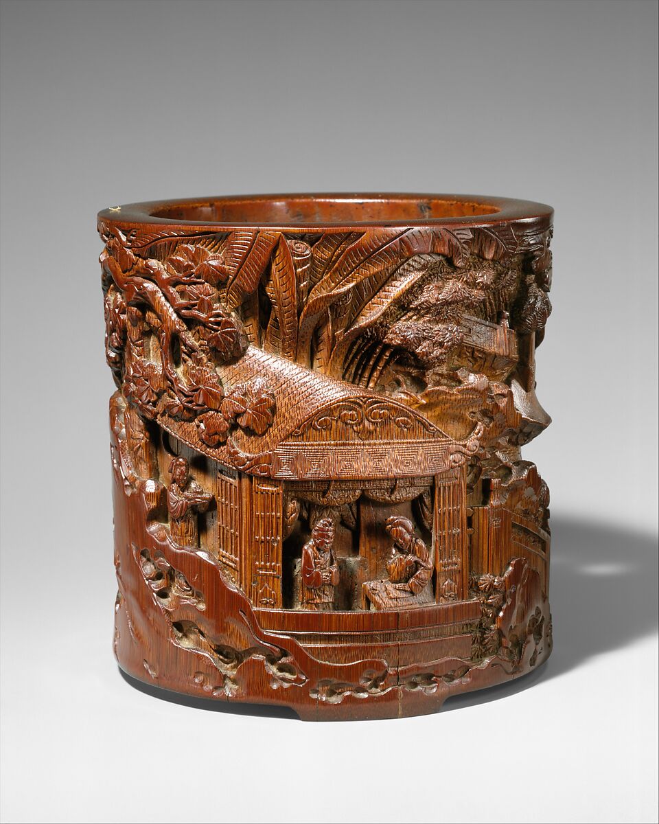 Brush holder with garden scene, Bamboo, China 