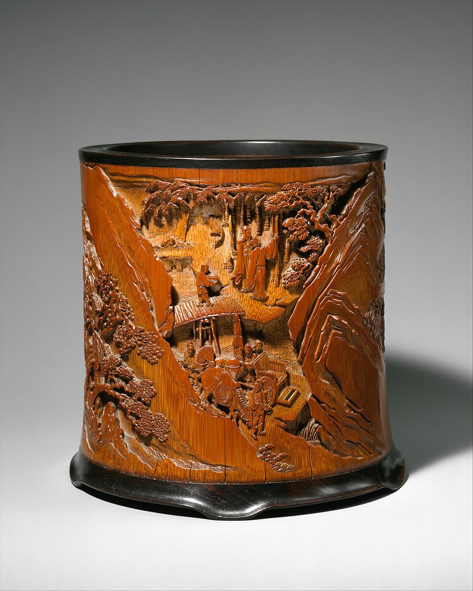 Brush Holder, Gu Jue (active late 17th century), Bamboo with hardwood rim and base, China 