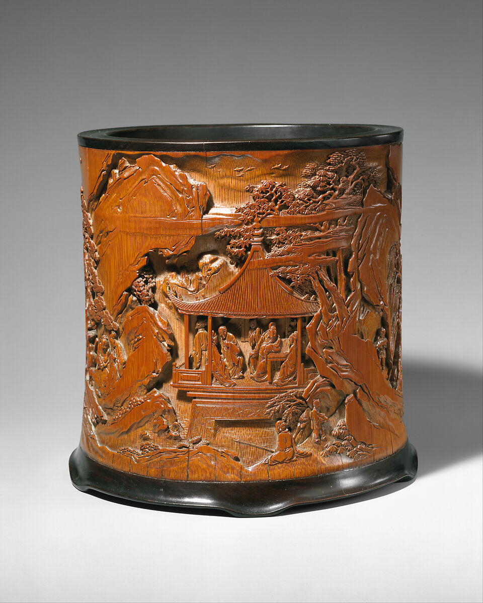 Brush Holder, Gu Jue (active late 17th century), Bamboo with hardwood rim and base, China