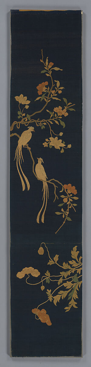Panel with long-tailed birds, camellia, clematis, and poppies, Silk tapestry (kesi), China 