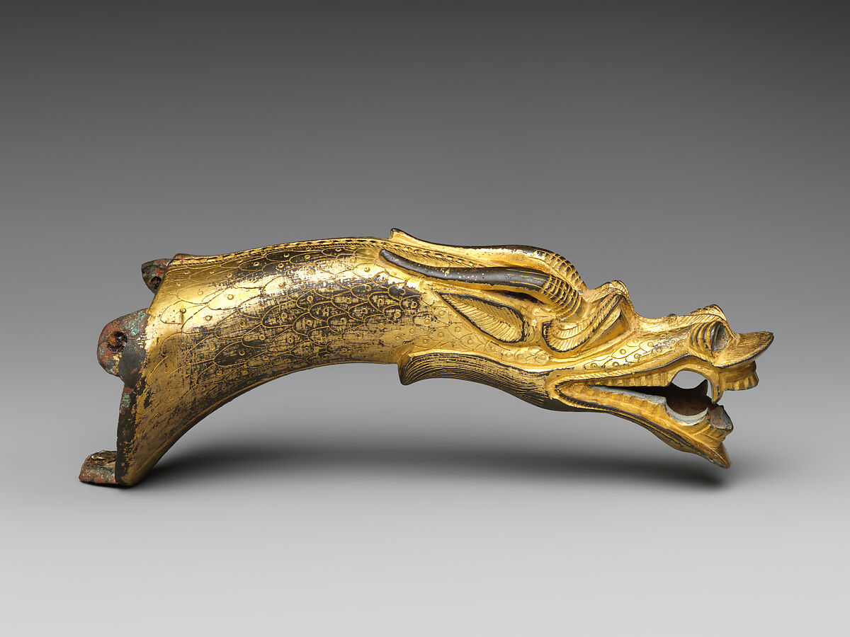 Finial in the shape of a dragon head, Gilt bronze with traces of red pigment, China