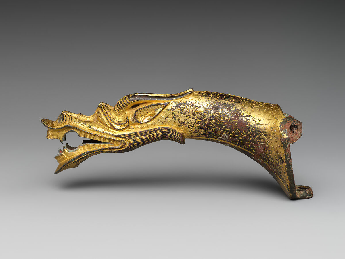Finial in the shape of a dragon head, Gilt bronze with traces of red pigment, China
