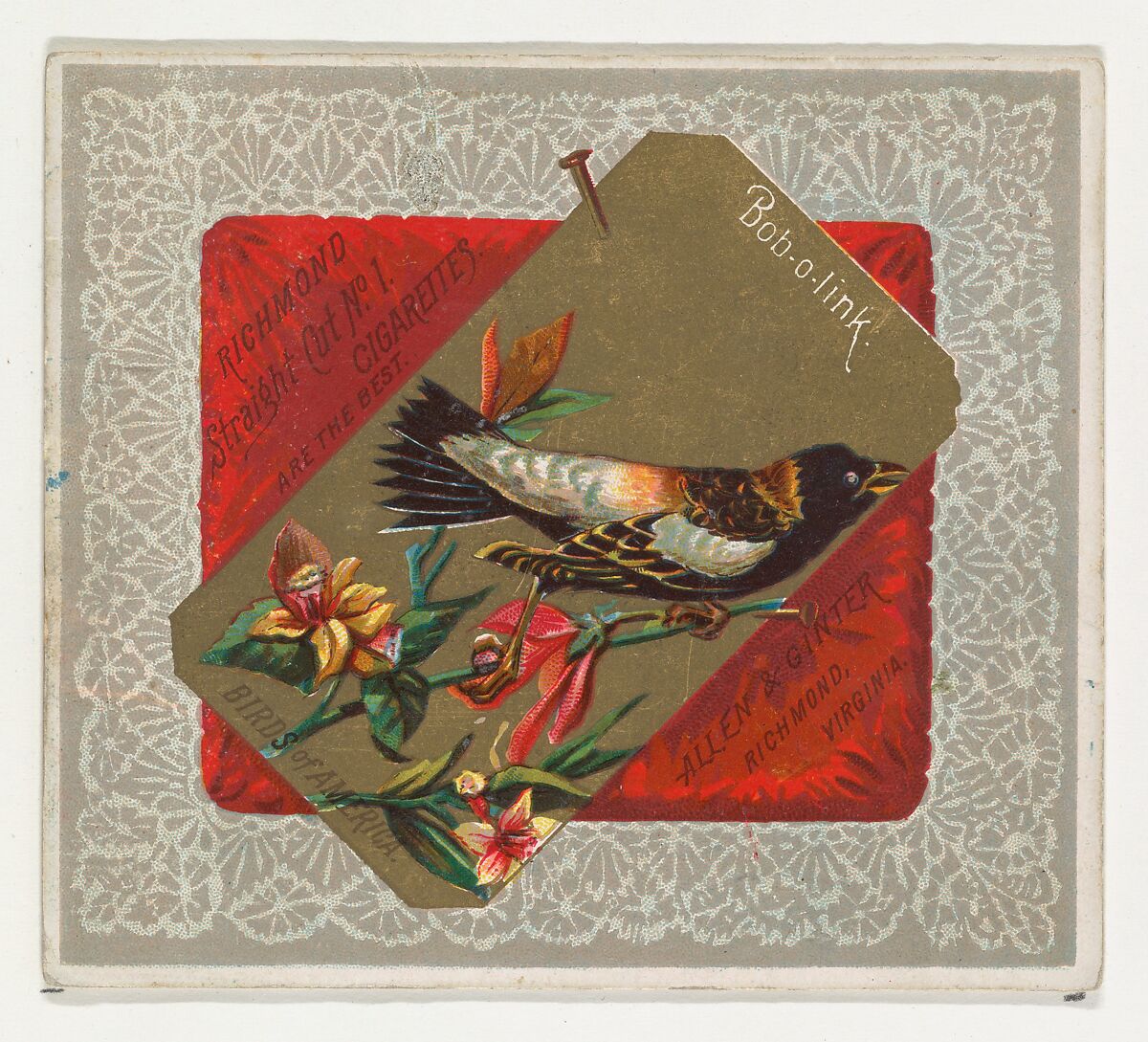 Bob-o-link, from the Birds of America series (N37) for Allen & Ginter Cigarettes, Issued by Allen &amp; Ginter (American, Richmond, Virginia), Commercial color lithograph 