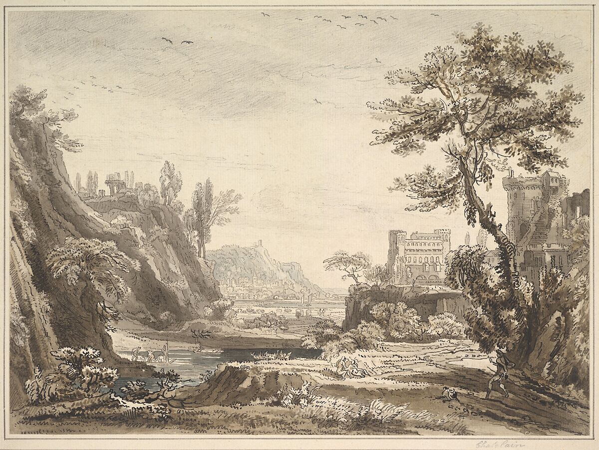 A classical landscape, Jean-Baptiste-Claude Chatelain (British, London (?) ca. 1710–1758 London), Graphite, pen and gray ink, brush and blue, brown and gray wash 