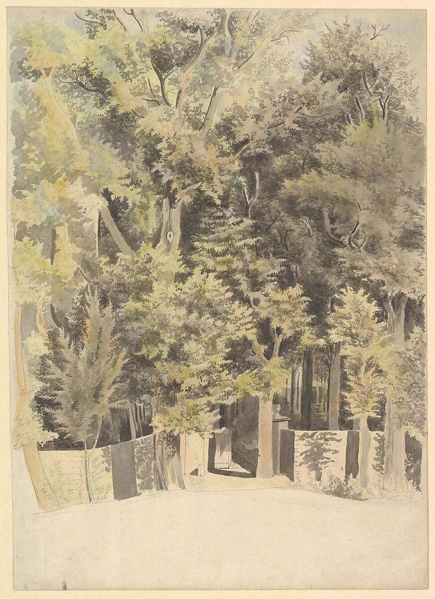 Trees by an entrance to a park, Theodosius Forrest (British, London ca. 1728–1784 London), Graphite, brush and green and ochre wash or watercolor 