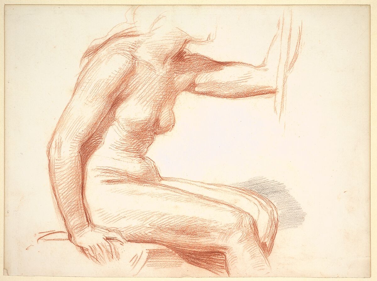 Study of a female nude, seated, George Richmond (British, Brompton 1809–1896 London), Red and black chalk 