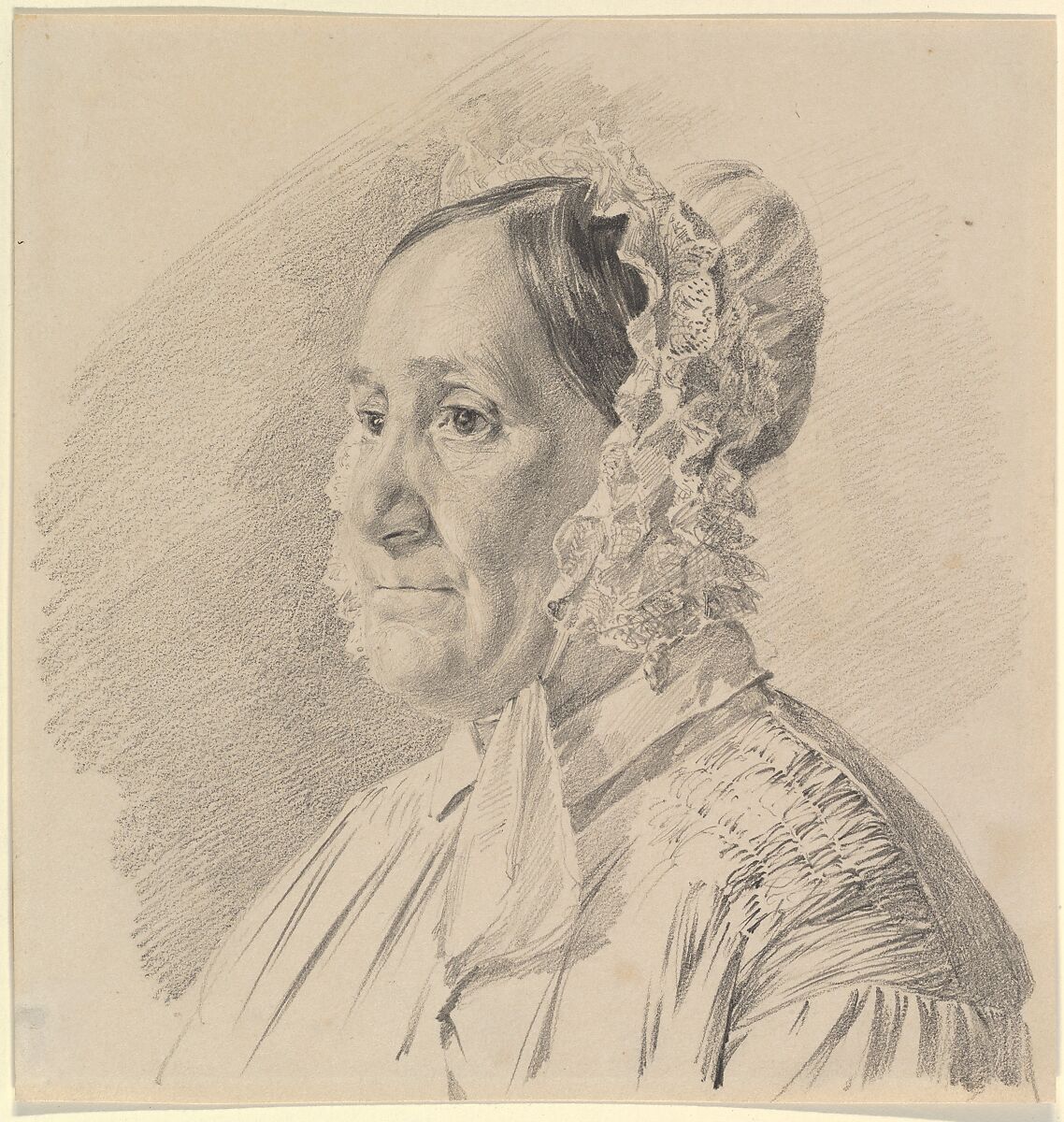 Portrait of a Woman in a Lace Bonnet, in three-quarter profile to the left, Ferdinand Georg Waldmüller (Austrian, Vienna 1793–1865 Helmstreitmühle in der Hinterbrühl), Graphite 