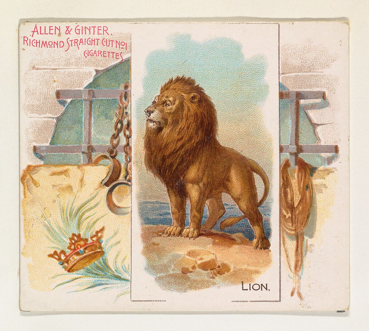 Lion, from Quadrupeds series (N41) for Allen & Ginter Cigarettes, Issued by Allen &amp; Ginter (American, Richmond, Virginia), Commercial color lithograph 