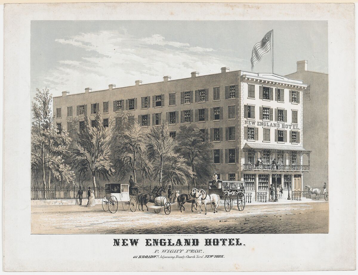 New England Hotel, Broadway, Adjoining Trinity Church Yard, New York, Frances Flora Bond Palmer (American (born England), Leicester 1812–1876 New York), Lithograph with tint stone 