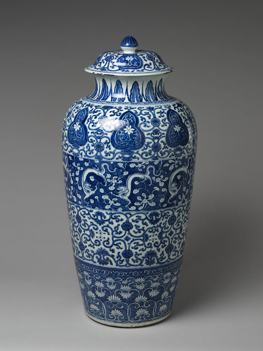 Jar with Dragons and Floral Designs, Porcelain painted with cobalt blue under a transparent glaze (Jingdezhen ware), China 