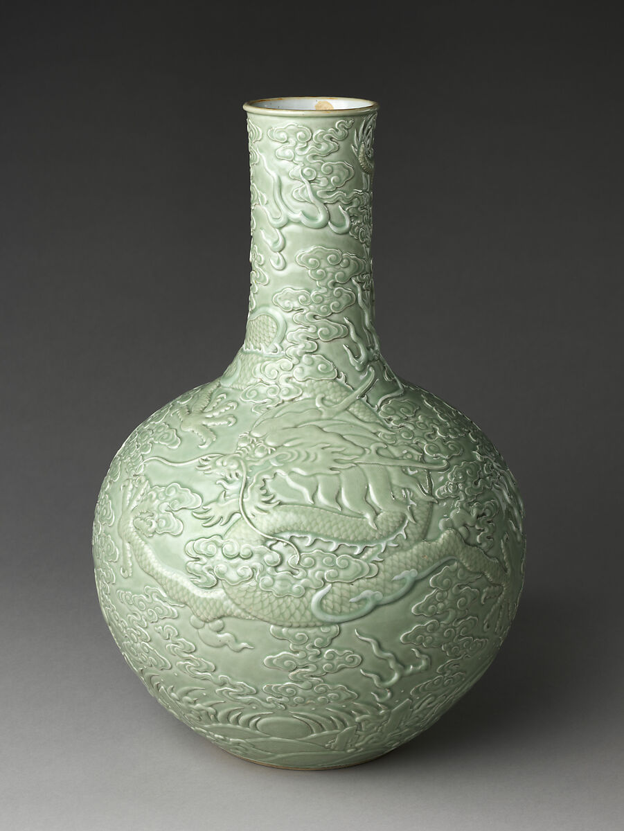 Vase with dragon amid clouds, Porcelain with carved decoration under celadon glaze (Jingdezhen ware), China 