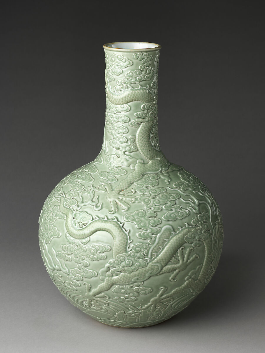 Vase with dragon amid clouds, Porcelain with carved decoration under celadon glaze (Jingdezhen ware), China