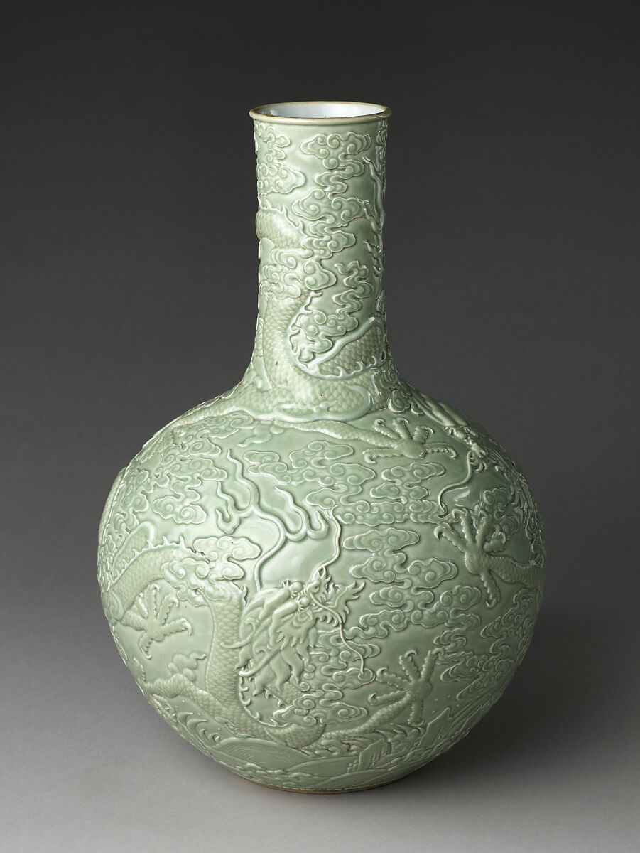 Vase with dragon amid clouds, Porcelain with carved decoration under celadon glaze (Jingdezhen ware), China