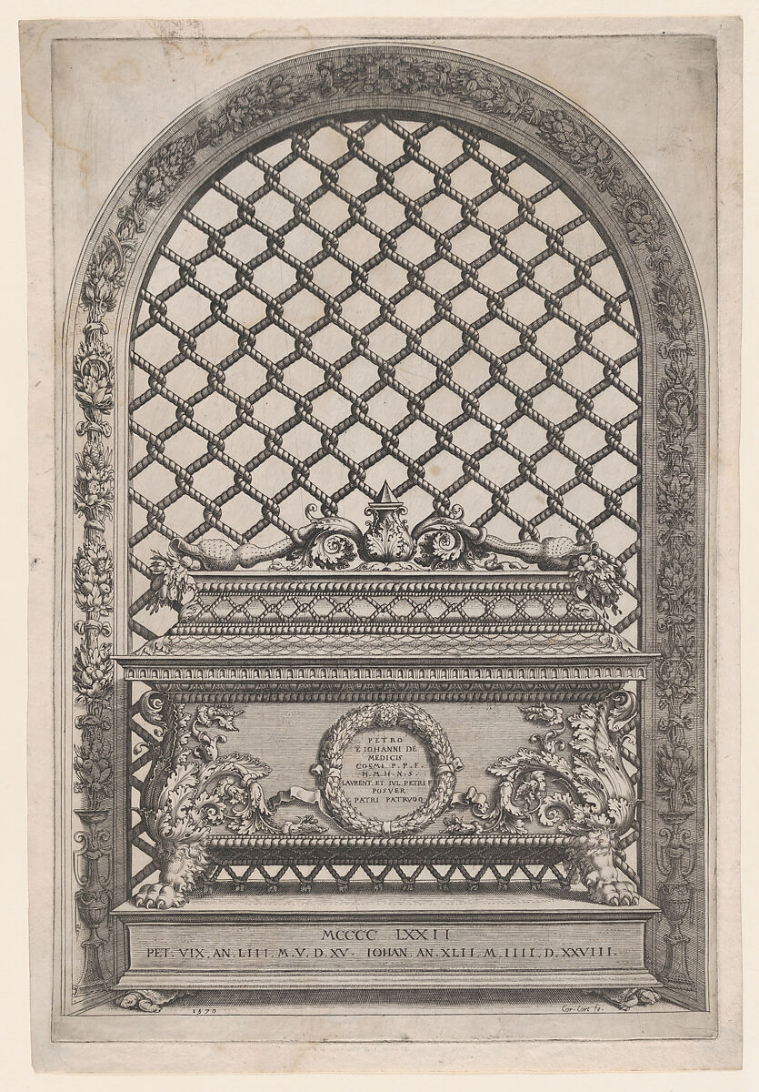 The Tomb of Pietro and Giovanni de' Medici from The Tombs of the Medici, Cornelis Cort (Netherlandish, Hoorn ca. 1533–1578 Rome), Engraving 
