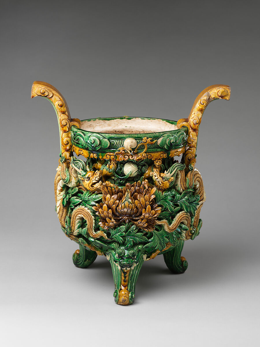 Incense burner, Stoneware with relief decoration under colored glazes, China