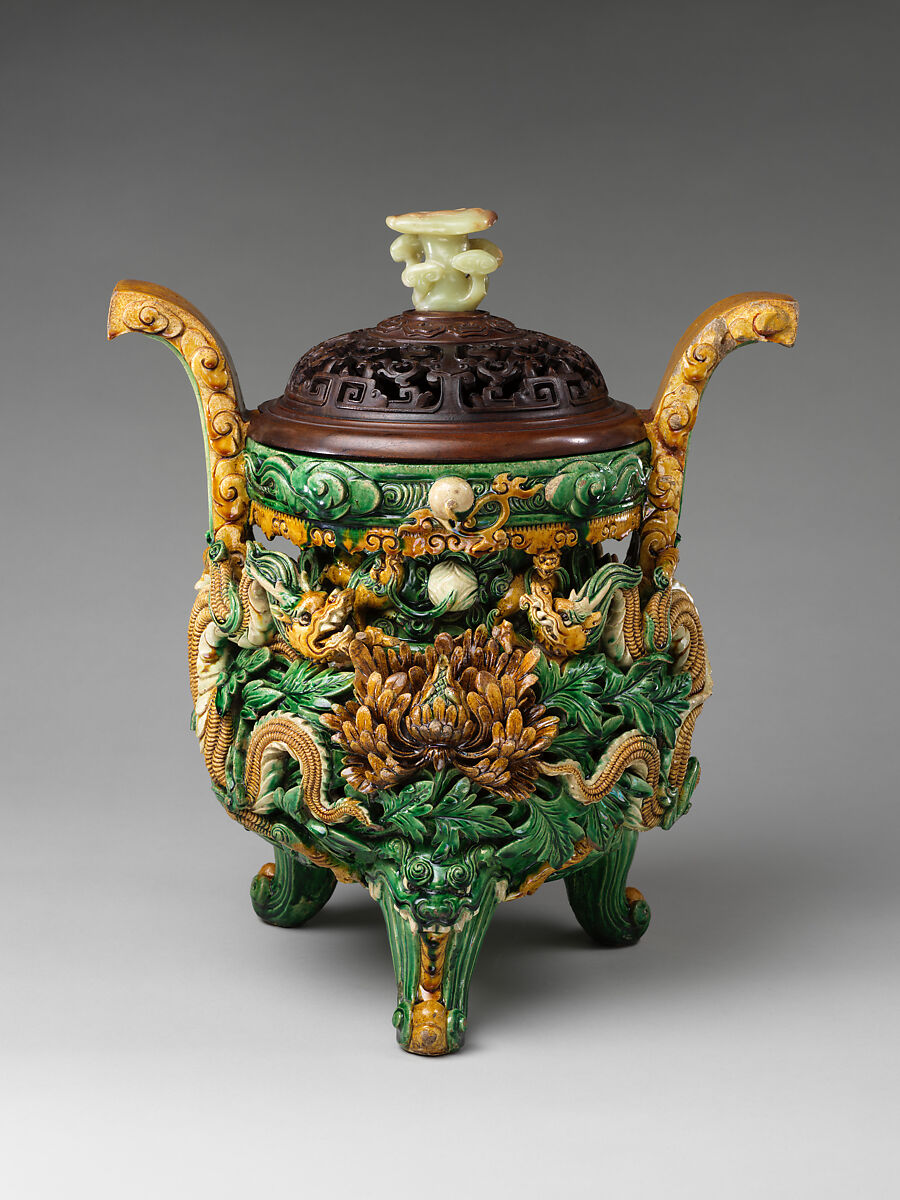 Incense burner, Stoneware with relief decoration under colored glazes, China