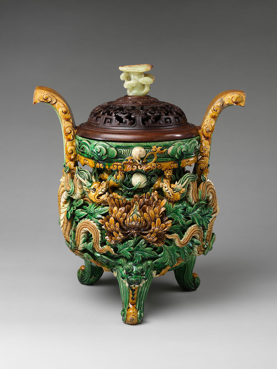 Incense burner, Stoneware with relief decoration under colored glazes, China 