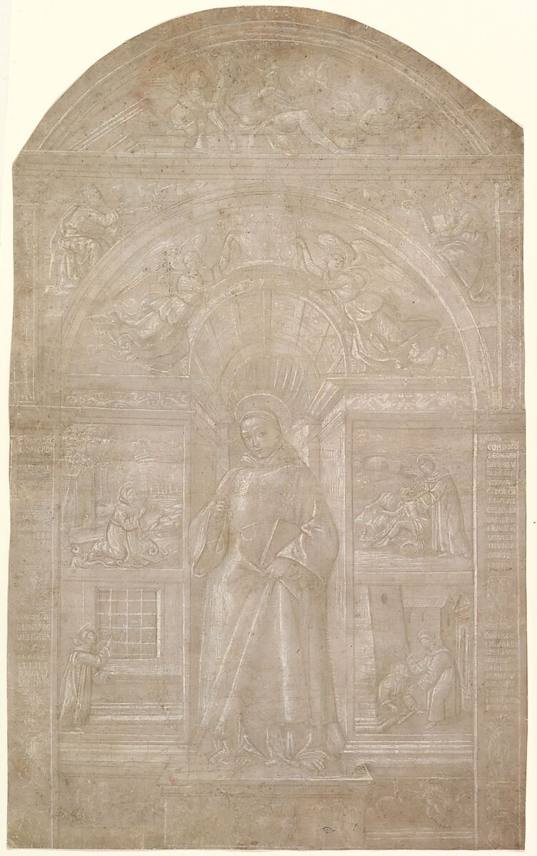 Saint Leonard and Four Episodes from His Life, Francesco di Paolo da Montereale (Italian, Montereale ca. 1475–1549 L&#39;Aquila), Metalpoint, brush and pale brown wash, highlighted with cream gouache, over incised compass and ruler constructions, on gray-brownish prepared paper 