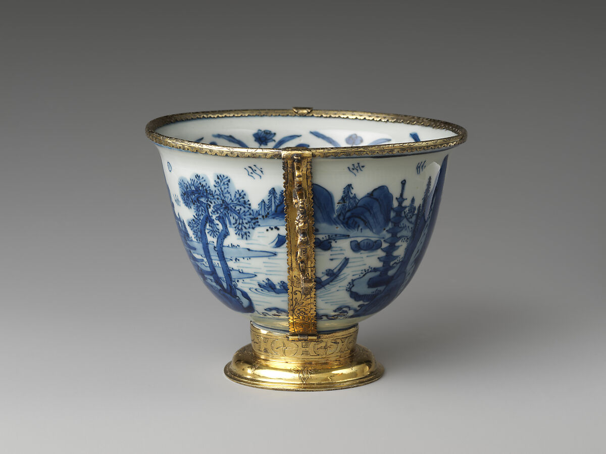 Bowl, Porcelain painted with underglaze blue; gilt silver mounts, probably German, early 17th century, China
