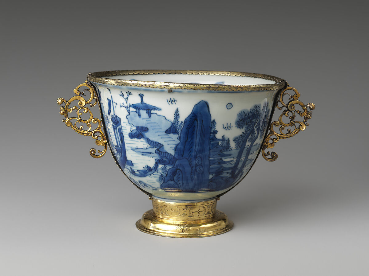 Bowl, Porcelain painted with underglaze blue; gilt silver mounts, probably German, early 17th century, China