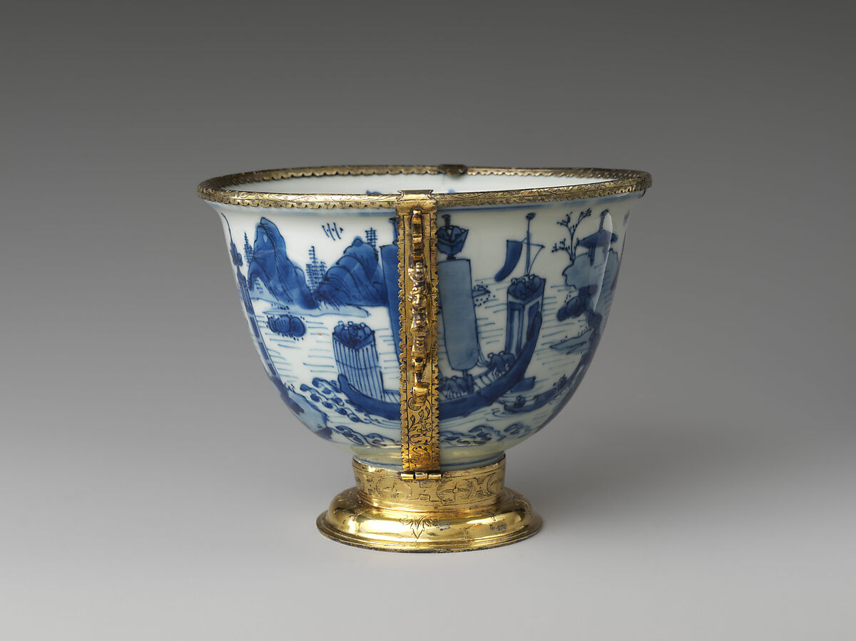Bowl, Porcelain painted with underglaze blue; gilt silver mounts, probably German, early 17th century, China