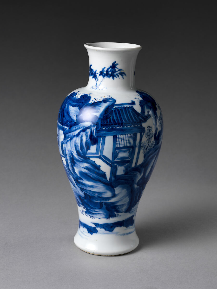 Vase with Scholars in Landscape, Porcelain painted with cobalt blue under transparent glaze (Jingdezhen ware), China