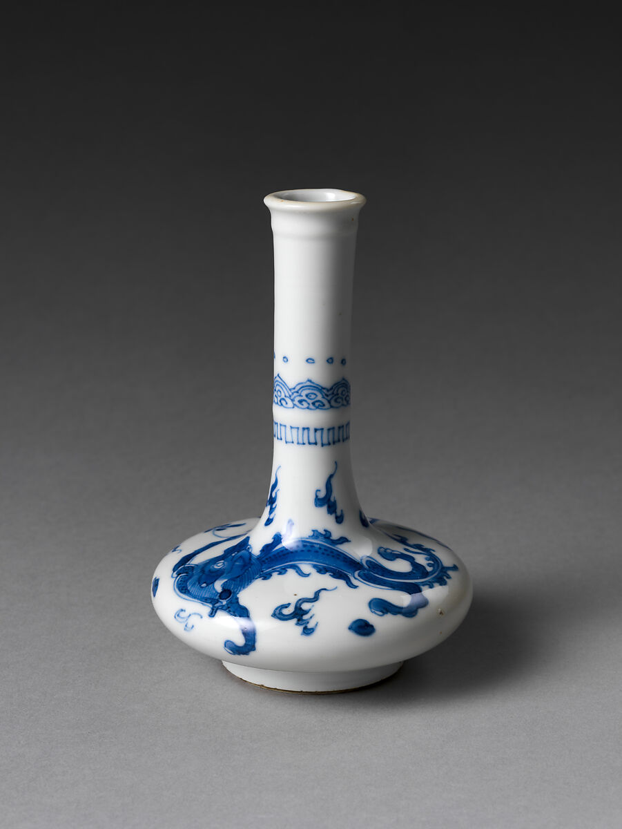 Bottle with Dragon Chasing Pearl, Porcelain painted with cobalt blue under transparent glaze (Jingdezhen ware), China 