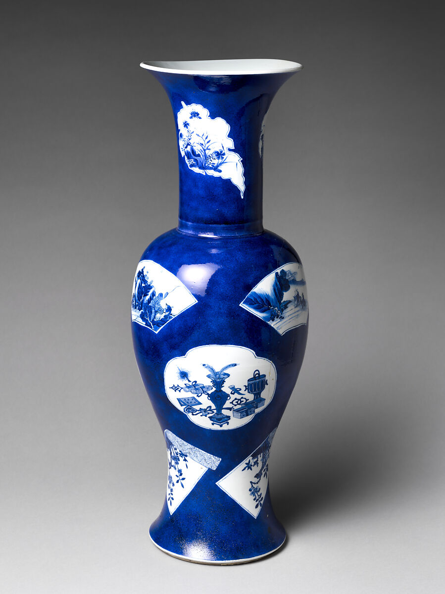 Vase with Flowers and Scholar’s Implements, Porcelain covered with powdered blue glaze and painted with cobalt blue under transparent glaze (Jingdezhen ware), China 