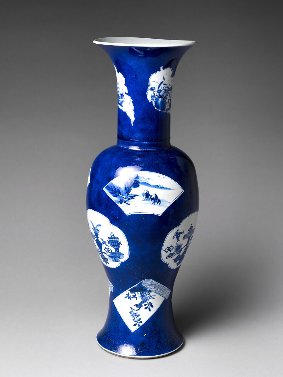 Vase with Flowers and Scholar’s Implements, Porcelain covered with powdered blue glaze and painted with cobalt blue under transparent glaze (Jingdezhen ware), China