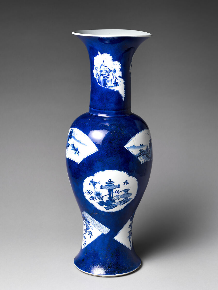 Vase with Flowers and Scholar’s Implements, Porcelain covered with powdered blue glaze and painted with cobalt blue under transparent glaze (Jingdezhen ware), China
