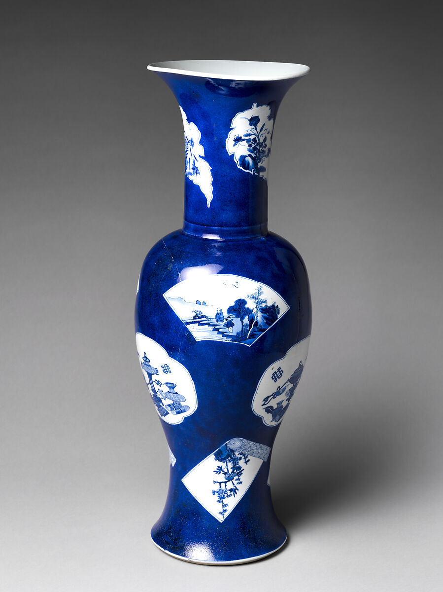 Vase with Flowers and Scholar’s Implements, Porcelain covered with powdered blue glaze and painted with cobalt blue under transparent glaze (Jingdezhen ware), China
