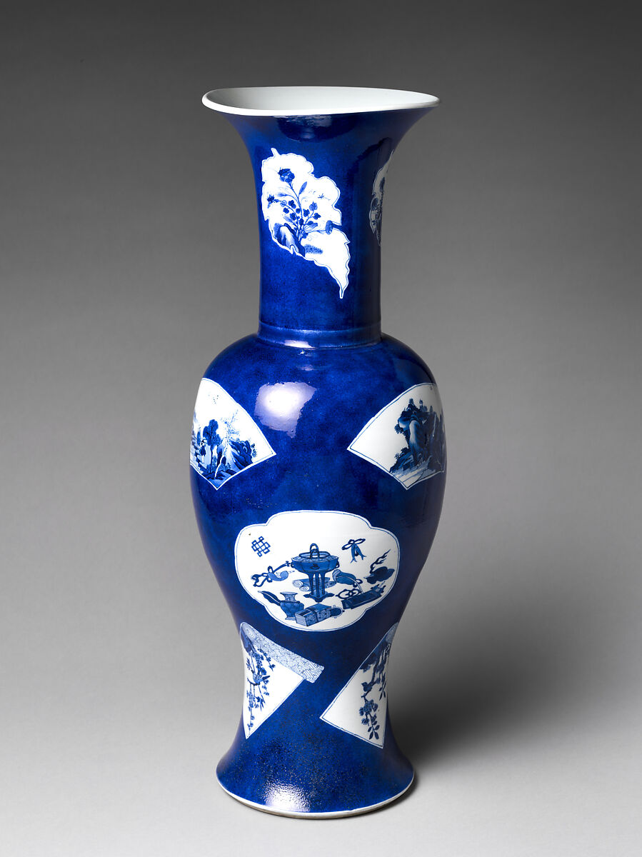 Vase with Flowers and Scholar’s Implements, Porcelain covered with powdered blue glaze and painted with cobalt blue under transparent glaze (Jingdezhen ware), China