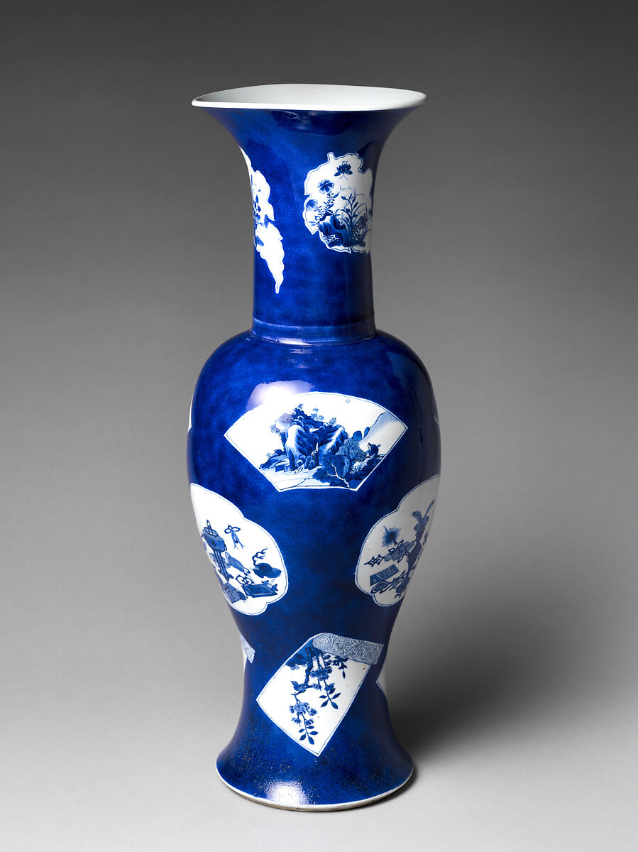 Vase with Flowers and Scholar’s Implements, Porcelain covered with powdered blue glaze and painted with cobalt blue under transparent glaze (Jingdezhen ware), China