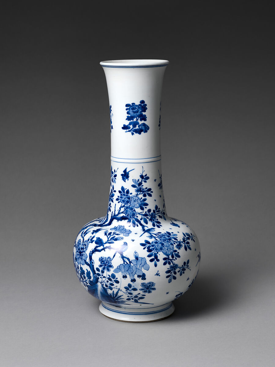 Vase with Flowering Plants and Birds, Porcelain painted with cobalt blue under transparent glaze (Jingdezhen ware), China
