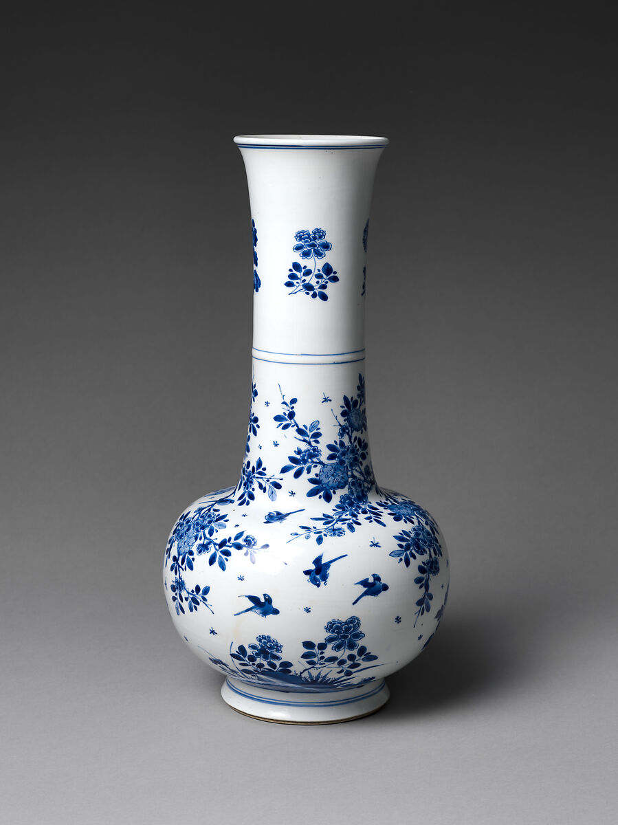 Vase with Flowering Plants and Birds, Porcelain painted with cobalt blue under transparent glaze (Jingdezhen ware), China