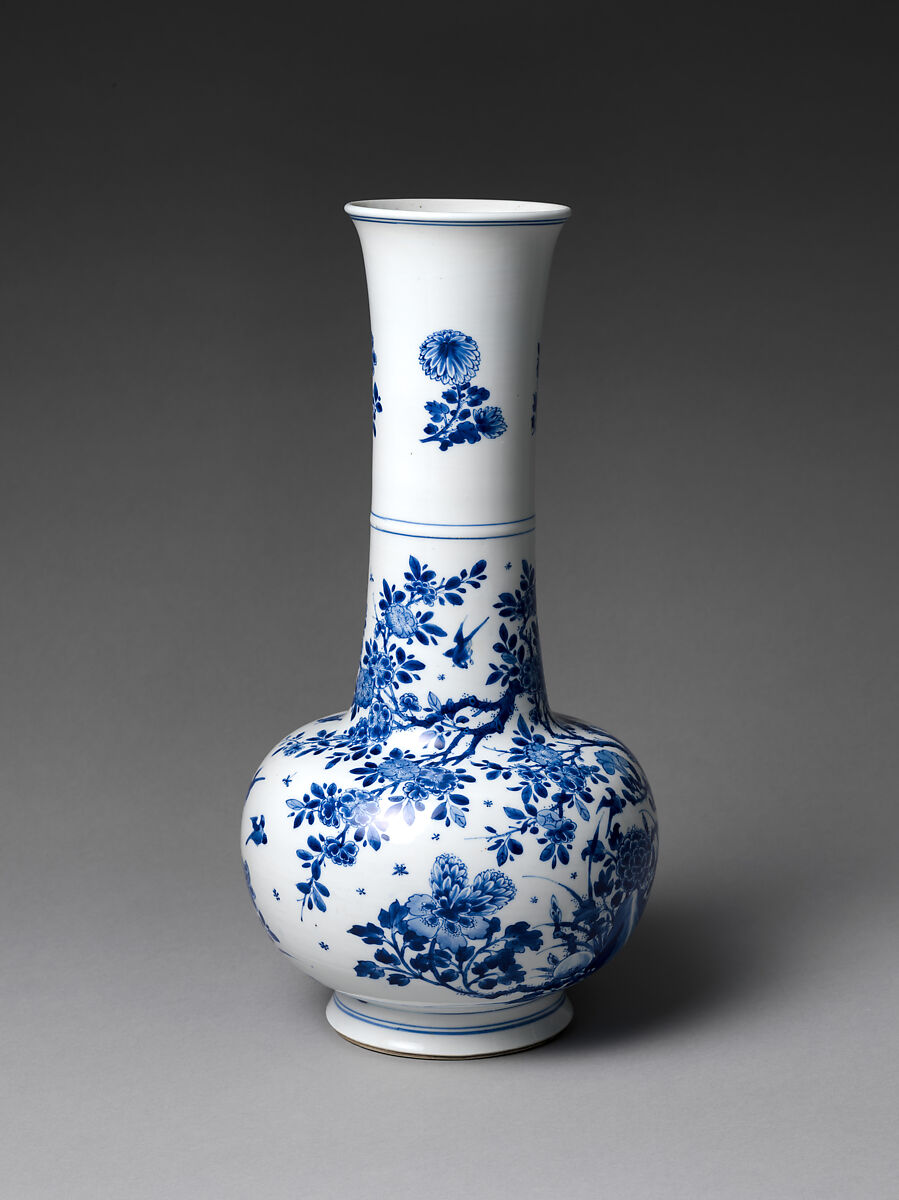 Vase with Flowering Plants and Birds, Porcelain painted with cobalt blue under transparent glaze (Jingdezhen ware), China