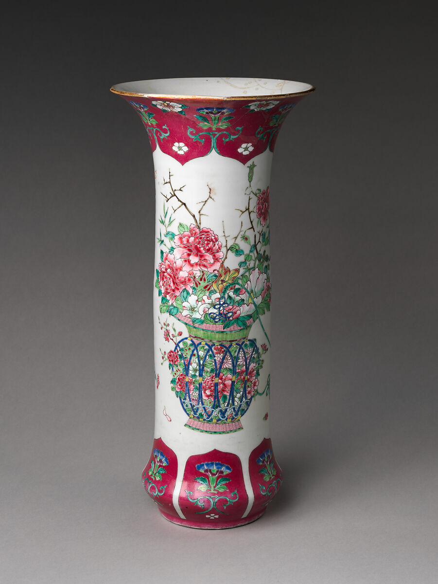 Vase with Basket of Auspicious Flowers, Porcelain painted with colored enamels over transparent glaze (Jingdezhen ware), China 